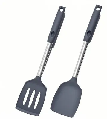 Produktbild von Pfannenwender Set 2 Stück Silikon Schlitzwender Küchenspatel Hitzebeständig Grau