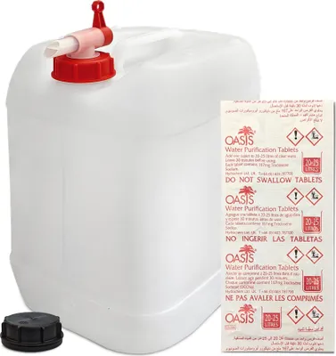 Image de bidon à eau de 20 litres avec robinet et couvercle à visser (DIN 61) 10 pastilles de purification d'eau | Sans BPA | Convient pour les aliments | Portable | Intérieur et extérieur |  Germany