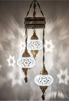 Image de Suspension turque avec 3 boules en verre effet mosaïque, plafonnier oriental, fabriqué à la main, 20 x 85 cm
