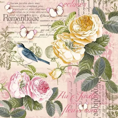 Produktbild von 20 Servietten Rosen Vogel Schmetterling Blumen Vintage 33cm
