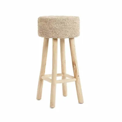 Image de Bazar Bizar Tabouret de bar bois de teck et raphia marron 35x35x75cm