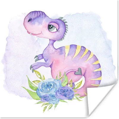 Produktbild von MuchoWow® Poster Dinosaurier - Kinderzimmer - Aquarell - Mädchen - Kinder - Rosa 50x50 cm - Wohnzimmerdekoration