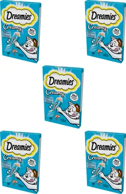 A collage of five identical product packages for Dreamies Creamy cat treats.