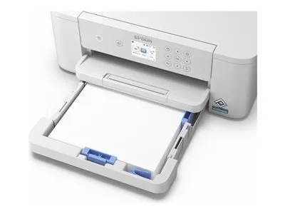 A close-up shot of a white Epson WorkForce Pro WF-M4119DW printer with its paper tray extended and loaded with paper.