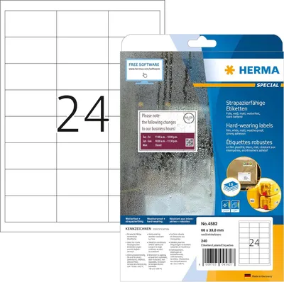 Produktbild von HERMA 4582 Wetterfeste Folienetiketten, 10 Blatt, 66 x 33,8 mm, 24 pro A4 Bogen, 240 Stück, selbstklebend, bedruckbar, matt, blanko Klebeetiketten Aufkleber aus Folie, weiß