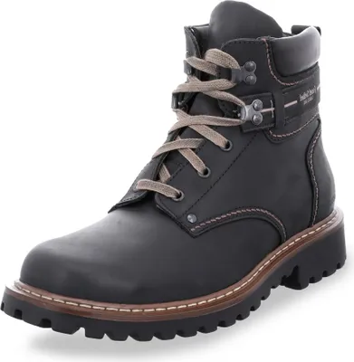 A black leather boot is shown against a white background.