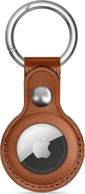 A brown leather keychain holder for an Apple AirTag is shown against a white background.