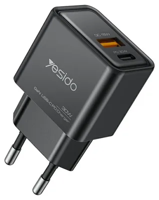 Zdjęcie produktu dla Yesido – Wall Charger ładowarka sieciowa USB-C + USB-A PD30W GaN – czarna