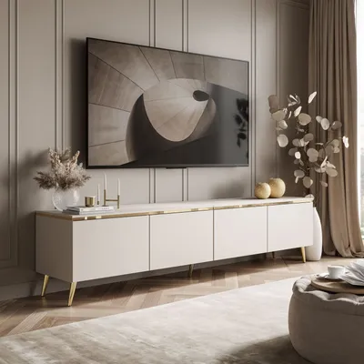 A modern living room with a TV cabinet and a large television mounted on the wall.