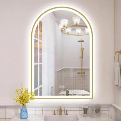 Image de Miroir de salle de bain LED, 60x90 cm, avec variateur d'intensité, anti-buée, cadre doré, indice de protection IP44