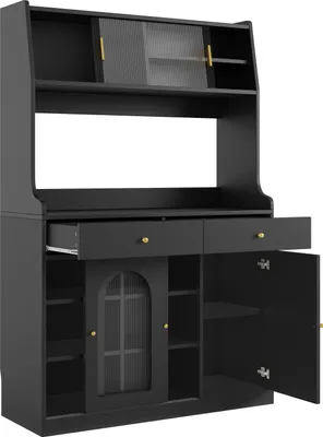 Produktbild von Sweiko Küchenschrank, Hochschrank,Vitrinenschrank, Buffetschrank mit Verstellbaren Ablagen, Esszimmerschrank mit 2 Schubladen, Sideboard mit LED-Beleuchtung,Variable Lichtfarben, schwarz