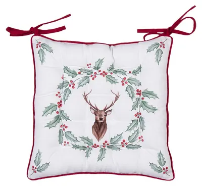 Produktbild von Clayre & Eef Stuhlkissen Schaumstoff 40x40x4 cm Weiß Rot Baumwolle Hirsch und Stechpalmenblätter