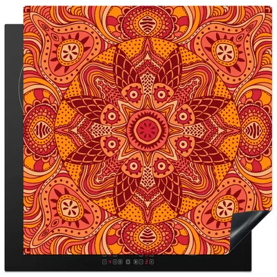 Produktbild von KitchenYeah© Herdabdeckplatte Mandala - Muster - Vintage - Orange - Rot , 78x78cm, Küche Deko, Glaskeramikkochfeld Herdabdeckung, Abdeckplatte fùr Kochfeld