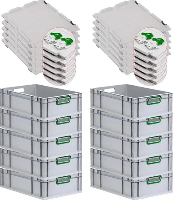 Produktbild von SuperSparSet 10x Eurobox NextGen Color mit Scharnierdeckel und Schiebeschnappverschlüssen | HxBxT 17x40x60cm | 34 Liter | Grau | Griffe grün offen | Glatter Boden | Eurobehälter, Transportbox, Transportbehälter, Stapelbehälter