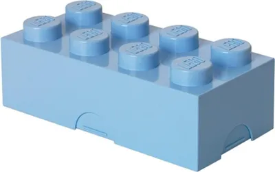 A light blue LEGO brick-shaped storage box.