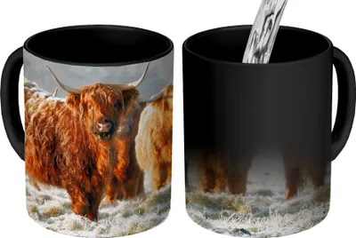 Obrázek produktu pro MuchoWow® Kouzelný pohár Skotští horalé - Sníh - Les 350 ml Barva měnící se pohár Dárkový nápad - foto hrnek