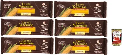 Produktbild von Le Veneziane Pasta di Mais Spaghetti, senza glutine,100% italienische Maisnudeln, glutenfrei. gluten free 6x 250g + Italian Gourmet polpa 400g
