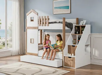 Image de Lits superposés au design moderne avec rangements et escalier