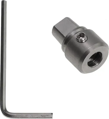 A metal tamper coupling and an Allen wrench on a white background.