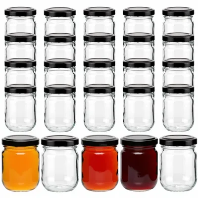 Produktbild von gouveo 25er Set Einmachgläser 125 ml Helix mit Schraubdeckel schwarz - Kleine Vorratsgläser für Marmelade, Honig, Gewürze, Selbstgemachtes