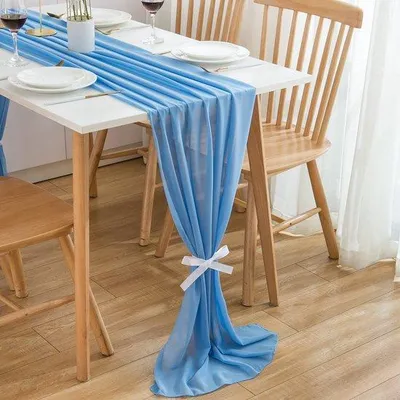 Obrázek produktu pro Modrý šifonový ubrus, 3 m x 70 cm, dekorativní přehoz na stůl pro svatby, první svaté přijímání, narozeniny a oslavy