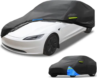 Image de Housse De Voiture ImpermšŠable Pour Tesla Model 3 En Tissu Oxford 210D Noir Bleu Avec Fermeture šŠclair De Porte Protection Contre La Pluie, Soleil, Neige Et Toutes Les IntempšŠries