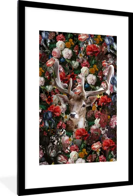 Produktbild von MuchoWow® MuchoWow® Gerahmtes Poster Hirsche - Blumen - Geweihe 60x90 cm - Poster mit zchwarzem Bilderrahmen - Dekoration - Wandposter Wohnzimmer - Hochwertig