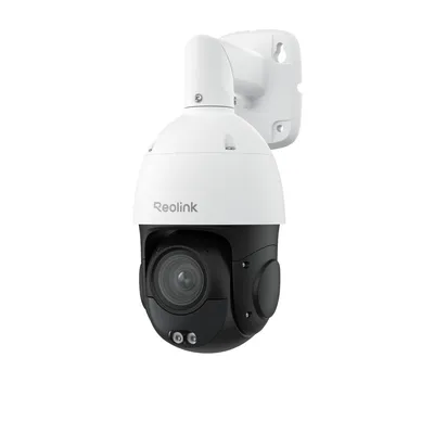A white and black Reolink PTZ security camera is shown against a white background.