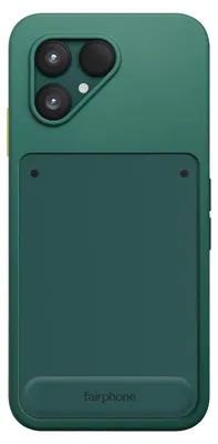 A green phone case with a yellow accent on the side, shown from the back.