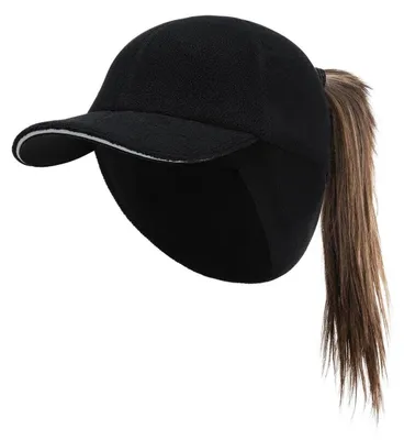 Produktbild von Basecap mit Ohrenschutz für Damen, dehnbares Fleece, für Pferdeschwanz, S-M, Schwarz