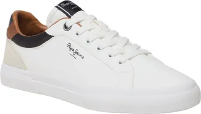 A single white sneaker with brown and black accents.