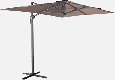A square cantilever umbrella with a taupe canopy and a gray metal pole and base, shown against a plain white background.