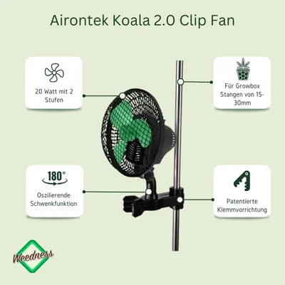 Produktbild von Airontek Koala 2.0 Clip-Ventilator Oszillierend mit Stangen-Halterung 20 Watt 2-Stufig