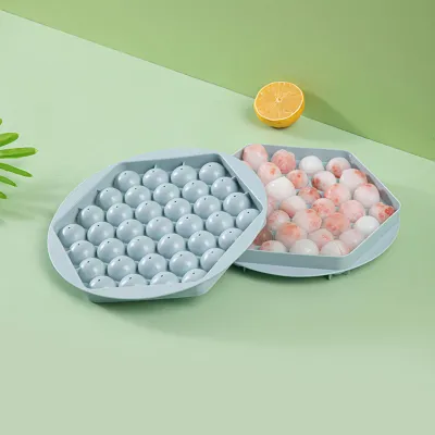 Immagine prodotto di Stampo per cubetti di ghiaccio rotondo con 37 scomparti, versatile, salvaspazio, forma sferica piccola con coperchio per bevande, caffè, cocktail, blu