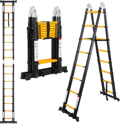 Immagine prodotto di Jayseuw scala telescopica in alluminio Leggera Antiscivolo 1,9m + 1,9m nero Scala multifunzione Scala multiuso Scala allungabile 15 gradini Scala a gradini in alluminio di alta qualità Portata 150KG