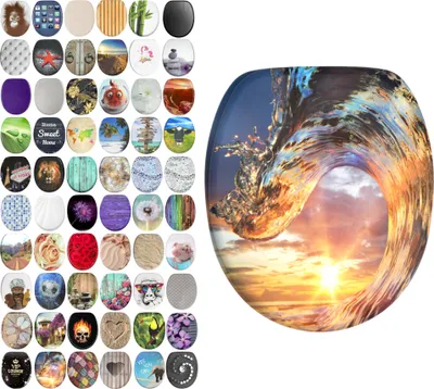 A collage of various toilet seat designs, with one large toilet seat featuring a wave and sunset design prominently displayed.
