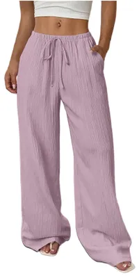 Image de Pantalon large pour femme ASKSA, pantalon d'été léger, uni, pantalon de loisirs élégant en mousseline, pantalon de plage avec poches (rose, XXL)