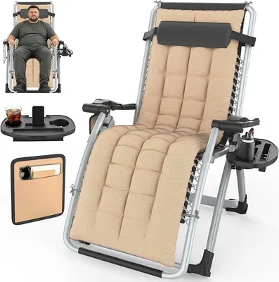 Produktbild von Liegestuhl Klappbar mit dickem Polster, Sonnenliege Wetterfest mit Getränkehalter & Nackenkissen, Gartenliege Relaxliege Campingstuhl mit Verstellbarer Rückenlehne, bis 120 kg, Beige