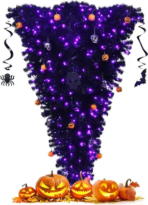 Produktbild von 180cm schwarz künstlicher Weihnachtsbaum, beleuchteter Halloweenbaum, klappbarer künstlicher Tannenbaum mit LED-Lichtern, umgedrehter Deko-Baum für Haus, Büro, Karneval, Grusel-Themenparty