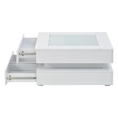 Produktbild von Merax LED-Couchtisch mit Glasplatte, Beistelltisch Wohnzimmertisch mit 3 Schubladen, moderner Sofatisch für kleine Räume, Hochglanz Weiß