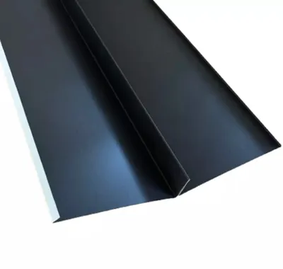 A close-up shot of a black metal roof flashing with a central fold, isolated on a white background.