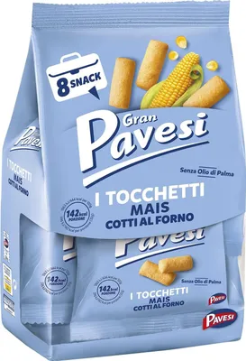 Produktbild von 6x Gran Pavesi Snack Tocchetti Snack Chunks, gebackene Maissnacks, ohne Palmöl – 8 Päckchen (256 g)+ Italian gourmet polpa 400g