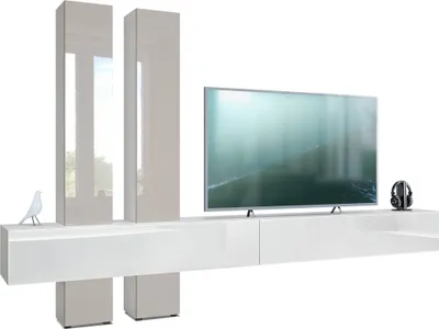 A modern white and gray TV stand with two tall vertical cabinets and a television on top.