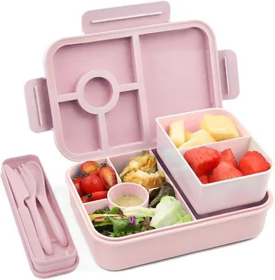 Productafbeelding van Famanu lunchbox, geïsoleerd, met 5 + 2 compartimenten, inclusief bestek, voor volwassenen, roze, 1300 ml