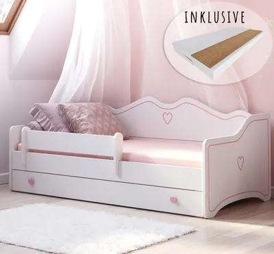Produktbild von Kinderbett Mädchen Jugendbett 80x160 mit Matratze Rausfallschutz & Schublade | Prinzessin Kinder Sofa Couch Bett umbaubar rosa weiß