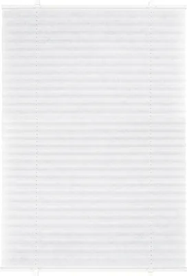 A white pleated blind against a white background.