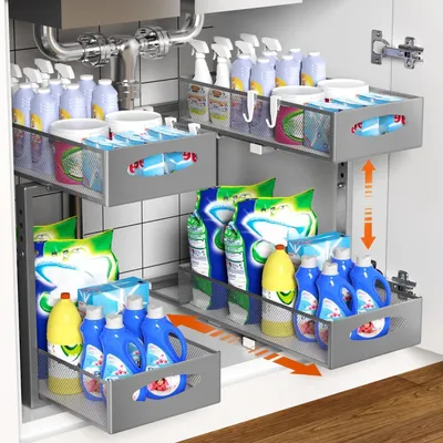 Immagine prodotto di Organizzatore estraibile per lavello, 2 ripiani, metallo grigio, confezione da 2, larghezza 22 cm