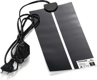A black reptile heating mat with a white stripe down the center, connected to a black power cord and plug.
