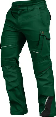 A pair of green work pants with black accents and reflective strips.