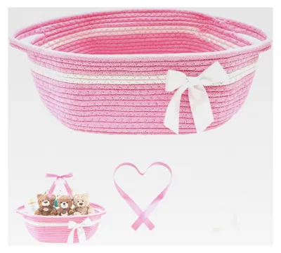 Produktbild von Geschenkkorb Rosa, Kleiner Korb aus Baumwollseil, Geflochtener Korb für Babygeschenke, Osternest Korb, Aufbewahrungskorb, Spielzeugkorb mit Geschenktüte und Schleife